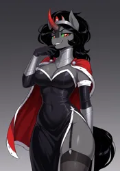 Size: 896x1280 | Tagged: suggestive, ai content, generator:wai-nsfw-illustrious-sdxl, machine learning generated, prompter:bendy and boney, king sombra, anthro, unicorn, g4, breasts, busty queen umbra, cape, cleavage, clothes, crown, curved horn, dress, evening gloves, female, garter straps, gloves, gradient background, horn, image, jewelry, long gloves, png, queen umbra, regalia, rule 63, smug, solo, solo female, stockings, strapless, thigh highs