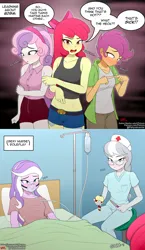 Size: 1500x2582 | Tagged: suggestive, artist:pshyzomancer, derpibooru import, apple bloom, diamond tiara, scootaloo, silver spoon, sweetie belle, human, equestria girls, g4, apple, bed, bedroom eyes, belt, belt buckle, blushing, breathing mask, clothes, dialogue, fingers together, food, hat, image, iv drip, jpeg, knife, nurse, nurse hat, nurse outfit, older, older apple bloom, older diamond tiara, older scootaloo, older silver spoon, older sweetie belle, shorts, smug, speech bubble, text