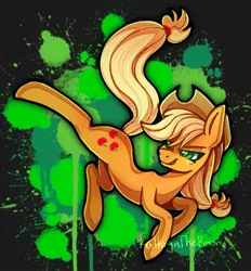 Size: 923x993 | Tagged: safe, artist:kathrynthebrony, derpibooru import, part of a set, applejack, earth pony, pony, g4, abstract background, bucking, female, image, jpeg, mare, smiling, smirk, solo