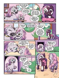 Size: 768x1024 | Tagged: safe, artist:yancey labat, derpibooru import, idw, violette rainbow, pony, unicorn, zebra, g5, spoiler:comic, spoiler:g5, bag, boop, braces, bush, dialogue, doorway, dreadlocks, ear piercing, female, filly, flower, foal, hoof hold, horn, image, imminent pain, indoors, jpeg, looking at each other, looking at someone, mare, mariama, mother and child, mother and daughter, mug, my little pony: skye's secret, noseboop, open mouth, open smile, outdoors, piercing, raised leg, rock, saddle bag, skye, smiling, speech bubble, tail, teabag, tree, unshorn fetlocks, vitiligo, walking backwards, window