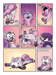 Size: 768x1024 | Tagged: safe, artist:yancey labat, derpibooru import, idw, screencap, violette rainbow, pony, unicorn, zebra, g5, spoiler:comic, spoiler:g5, braces, dialogue, dreadlocks, faic, female, filly, foal, horn, image, jpeg, jumping, mare, mariama, my little pony: skye's secret, one eye closed, onomatopoeia, ouch, pain, pinpoint eyes, rock, shocked, shocked expression, skye, sound effects, speech bubble, stepping on something, tail, this ended in pain, unshorn fetlocks, vitiligo, walking backwards, wide eyes, wince