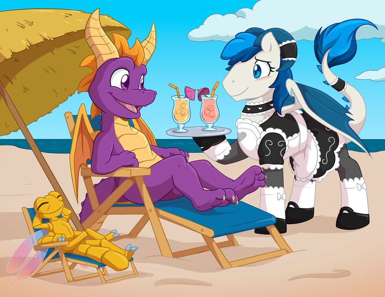 Size: 4400x3400 | Tagged: safe, artist:chaoskomori, derpibooru import, ponerpics import, ponybooru import, oc, oc:feathertrap, dracony, dragon, dragonfly, hybrid, insect, pony, apron, arm behind head, beach, beach chair, blush lines, blushing, chair, choker, clothes, commission, crossdressing, crossover, cute, dracony oc, dress, drink, eyes closed, fanart, femboy, frills, frilly, frilly dress, glasses, grin, happy, image, jpeg, juice, just kiss already, looking at each other, looking at someone, maid, male, males only, open mouth, open smile, parasol (umbrella), puff sleeves, reclining, relaxing, serving tray, shoes, sissy, smiling, socks, sparx the dragonfly, species swap, spyro the dragon, spyro the dragon (series), stallion, tray, trio, trio male, umbrella, wholesome