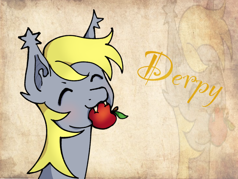 Size: 1080x810 | Tagged: safe, artist:lipona, derpibooru import, derpy hooves, bat pony, pegasus, pony, undead, vampire, vampony, g4, apple, blushing, cute, derp, eyes closed, fangs, food, grayscale, image, monochrome, my little pony, png, simple background, yellow mane