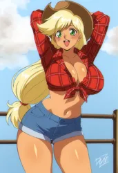 Size: 1639x2391 | Tagged: safe, artist:dezmi, derpibooru import, applejack, human, equestria girls, g4, absolute cleavage, anime, anime style, applejack's hat, arm behind head, belly, belly button, big breasts, breasts, busty applejack, cleavage, clothes, cowboy hat, daisy dukes, female, front knot midriff, hat, image, midriff, open mouth, open smile, outdoors, pinup, png, shorts, sky, smiling, solo, solo female