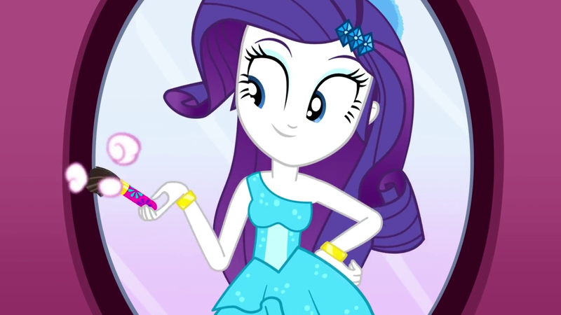 Size: 1280x720 | Tagged: safe, derpibooru import, screencap, rarity, human, eqg summertime shorts, equestria girls, g4, make up shake up, brush, fall formal outfits, female, hand on hip, image, mirror, my little pony equestria girls: summertime shorts, png, solo