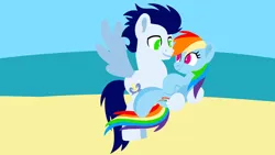 Size: 1280x720 | Tagged: safe, artist:mlplary6, derpibooru import, rainbow dash, soarin', pegasus, pony, g4, beach, carrying, female, image, jpeg, male, mare, shipping, soarindash, stallion, straight