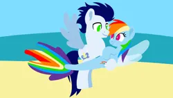 Size: 1280x720 | Tagged: safe, artist:mlplary6, derpibooru import, rainbow dash, soarin', pegasus, pony, seapony (g4), g4, beach, carrying, female, image, jpeg, male, mare, seaponified, seapony rainbow dash, shipping, soarindash, species swap, stallion, straight