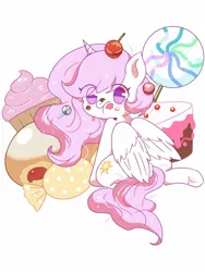 Size: 1536x2048 | Tagged: safe, artist:ruto_gogo, derpibooru import, princess celestia, alicorn, pony, g4, cake, cakelestia, candy, cupcake, eating, eye clipping through hair, female, filly, foal, food, image, jpeg, lollipop, looking at you, looking back, looking back at you, messy eating, pink-mane celestia, simple background, white background, young celestia