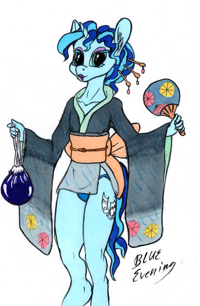 Size: 786x1200 | Tagged: suggestive, artist:sepiakeys, derpibooru import, oc, oc:blue giggles, anthro, unicorn, anthro oc, clothes, crossdressing, crotch bulge, hairpin, horn, image, jpeg, kimono (clothing), male, marker drawing, not misty brightdawn, solo, solo male, traditional art, traditional media, trap