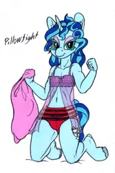 Size: 802x1200 | Tagged: suggestive, artist:sepiakeys, derpibooru import, oc, oc:blue giggles, anthro, anthro oc, clothes, crossdressing, crotch bulge, image, jpeg, lingerie, male, marker, marker drawing, nightgown, panties, pillow, pillow fight, see-through, solo, solo male, traditional art, trap, underwear