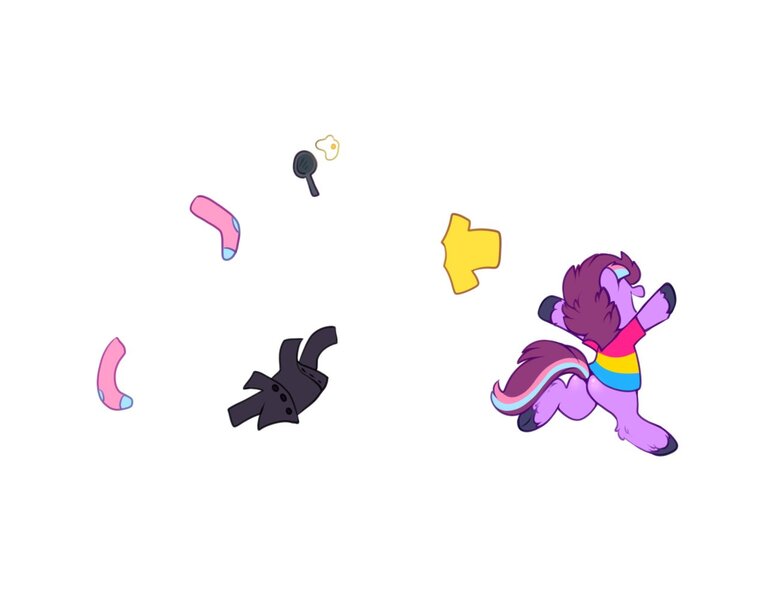 Size: 1300x1000 | Tagged: safe, artist:sekuponi, derpibooru import, oc, oc:sweet vibes, unofficial characters only, earth pony, pony, bipedal, clothes, female, fried egg, frying pan, image, jpeg, mare, pansexual pride flag, pride, pride flag, running, shirt, simple background, socks, solo, t-shirt, trenchcoat, white background