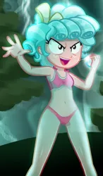 Size: 542x926 | Tagged: suggestive, artist:charliexe, banned from derpibooru, machine learning generated, cozy glow, equestria girls, g4, belly button, bikini, bra, clothes, crystal, equestria girls-ified, evil grin, female, grin, image, jpeg, lolicon, open mouth, open smile, panties, pink bikini, smiling, solo, solo female, swimsuit, swimsuit edit, thong, thunder, tree, underage, underwear