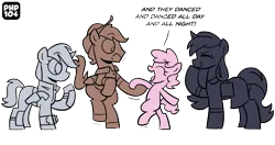 Size: 1700x900 | Tagged: safe, artist:wandrevieira1994, derpibooru import, oc, oc:calamity, oc:littlepip, oc:pinkie bell, oc:silver bell, oc:velvet remedy, unofficial characters only, pegasus, pony, unicorn, fallout equestria, clothes, dancing, dress, female, filly, foal, gun, hat, horn, image, jumpsuit, laughing, png, simple background, speech bubble, transparent background, vault suit, weapon