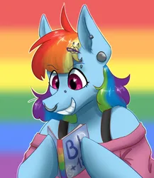 Size: 1300x1500 | Tagged: safe, artist:lien_kitoki, derpibooru import, part of a set, rainbow dash, semi-anthro, g4, book, bust, clothes, ear piercing, female, fujoshi, gay pride flag, grin, hoof hold, image, nose piercing, nose ring, piercing, png, pride, pride flag, reading, smiling, solo