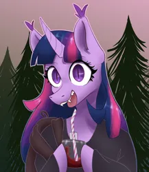 Size: 1300x1500 | Tagged: safe, artist:lien_kitoki, derpibooru import, part of a set, twilight sparkle, pony, semi-anthro, undead, unicorn, vampire, vampony, g4, backpack, blood, bottle, bust, clothes, drinking straw, female, holding, horn, image, looking at you, open mouth, outdoors, png, slit pupils, smiling, solo