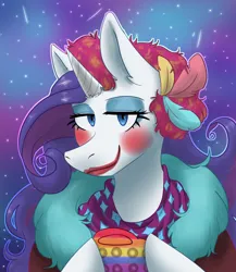 Size: 1300x1500 | Tagged: safe, artist:lien_kitoki, derpibooru import, part of a set, rarity, semi-anthro, unicorn, g4, bust, clothes, clown makeup, female, holding, horn, image, looking at you, png, pop it, smiling, solo