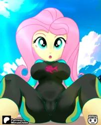 Size: 1135x1400 | Tagged: suggestive, alternate version, artist:minusclass, derpibooru import, part of a set, fluttershy, fish, human, equestria girls, g4, 2d, alternate character, barefoot, beach, belly, belly button, belly button outline, breasts, cameltoe, clothes, cloud, crepuscular rays, eyeshadow, feet, female, fluttershy's wetsuit, image, jpeg, logo, looking at you, makeup, o, open mouth, outdoors, patreon, patreon logo, signature, sitting, sky, solo, spread legs, spreading, sun, swimsuit, tight clothing, wetsuit