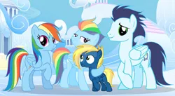 Size: 750x411 | Tagged: safe, artist:sapphiretwinkle, artist:velveagicsentryyt, derpibooru import, rainbow dash, soarin', oc, oc:drizzle cloud, oc:thunderstruck, pegasus, pony, g4, base used, colt, female, foal, image, jpeg, male, mare, obtrusive watermark, offspring, parent:rainbow dash, parent:soarin', parents:soarindash, shipping, soarindash, stallion, straight, watermark