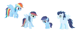 Size: 1024x443 | Tagged: safe, artist:purpleglow12, derpibooru import, rainbow dash, soarin', oc, oc:hurricane, oc:lightning strike, pegasus, pony, g4, female, filly, foal, image, male, mare, offspring, parent:rainbow dash, parent:soarin', parents:soarindash, png, shipping, soarindash, stallion, straight