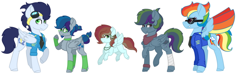 Size: 1024x320 | Tagged: safe, artist:miracleink, derpibooru import, rainbow dash, soarin', oc, oc:bubble bliss, oc:ice age, oc:storm cloud, pegasus, pony, g4, female, image, male, mare, offspring, parent:rainbow dash, parent:soarin', parents:soarindash, png, shipping, soarindash, stallion, straight