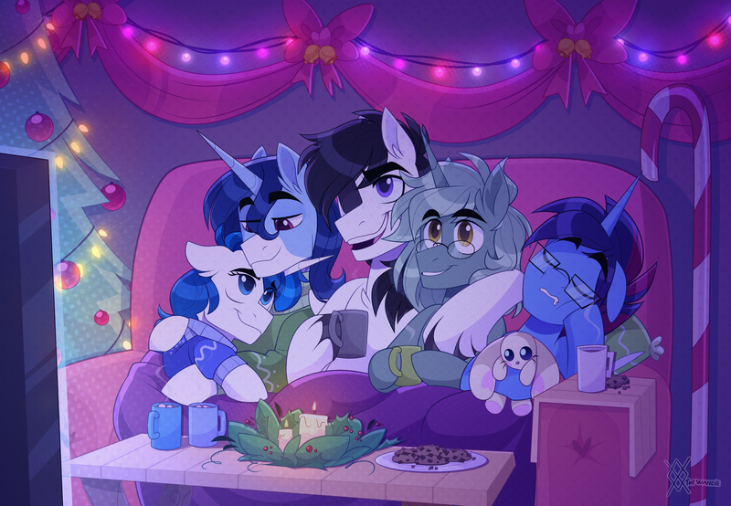 Size: 2600x1800 | Tagged: safe, artist:thewandie, ponerpics import, ponybooru import, oc, oc:crystal glaze, oc:feathertrap, oc:iron reign, oc:marquis majordome, oc:soft mane, earth pony, pony, unicorn, blanket, candle, candy, candy cane, chocolate, christmas, christmas 2024, christmas lights, christmas tree, clothes, coffee table, commission, cookie, couch, cuddling, cute, eyepatch, food, glasses, holiday, hot chocolate, image, male, males only, marshmallow, movie night, on couch, plushie, png, ribbon, sleeping, snuggling, stallion, stallions only, sweater, tree, unshorn fetlocks, wholesome, wreath