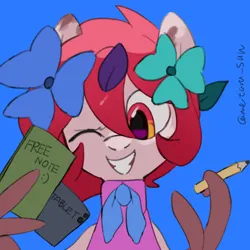 Size: 4096x4096 | Tagged: safe, artist:metaruscarlet, derpibooru import, oc, oc:metaru scarlet, unofficial characters only, pegasus, pony, blue background, clothes, english, flower, flower in hair, grin, image, leaves, leaves in hair, notebook, one eye closed, pegasus oc, pencil, png, simple background, smiling, solo, spotted, spread wings, tablet, text, wing hands, wings, wink