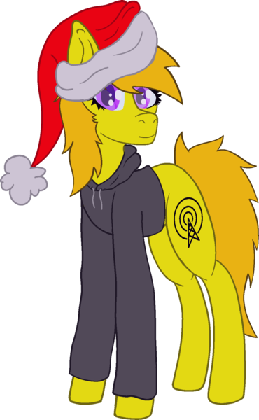 Size: 1143x1854 | Tagged: safe, artist:duskendraws, ponerpics import, ponybooru import, oc, oc:shira vibewave, unofficial characters only, pony, christmas, clothes, female, hat, holiday, hoodie, image, jacket, mare, png, ponybooru collab 2024, ponybooru exclusive, santa hat, simple background, solo, transparent background