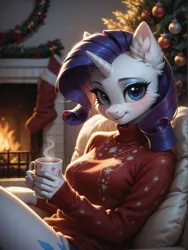 Size: 1320x1760 | Tagged: safe, ai content, machine learning generated, ponerpics import, ponybooru import, prompter:wolferin, rarity, anthro, unicorn, christmas, christmas decoration, christmas sweater, christmas tree, clothes, cute, decoration, female, heartwarming, holiday, image, png, raribetes, sweater, tree