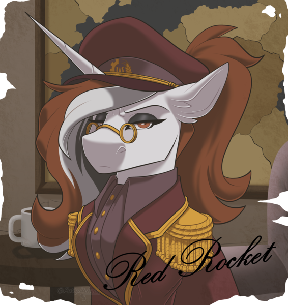 Size: 2832x3000 | Tagged: safe, artist:parrpitched, derpibooru import, oc, oc:red rocket, unofficial characters only, unicorn, equestria at war mod, clothes, eaw redux, glasses, hat, horn, image, photo, png, ponytail, suit, uniform, uniform hat