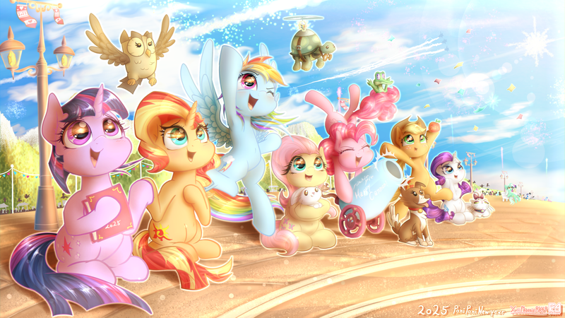 Size: 4000x2250 | Tagged: safe, artist:phoenixrk49, derpibooru import, angel bunny, applejack, fluttershy, gummy, lyra heartstrings, opalescence, owlowiscious, pinkie pie, rainbow dash, rarity, sunset shimmer, tank, twilight sparkle, winona, alligator, bird, cat, dog, earth pony, owl, pegasus, pony, rabbit, tortoise, unicorn, g4, alternate mane seven, animal, book, female, high res, holding hooves, horn, image, looking up, male, mane six, mare, open mouth, open smile, party cannon, png, smiling, sparkles, unicorn twilight