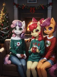 Size: 1320x1760 | Tagged: safe, ai content, machine learning generated, ponerpics import, ponybooru import, prompter:wolferin, apple bloom, scootaloo, sweetie belle, anthro, earth pony, pegasus, unicorn, christmas, christmas decoration, christmas sweater, christmas tree, clothes, cmc threesome, cutie mark crusaders, decoration, female, holiday, image, lesbian, png, polyamory, scootabelle, scootabloom, shipping, sweater, sweetiebloom, sweetiebloomaloo, tree, trio