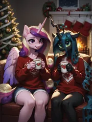 Size: 1320x1760 | Tagged: safe, ai content, machine learning generated, ponerpics import, ponybooru import, prompter:wolferin, princess cadance, queen chrysalis, alicorn, anthro, changeling, changeling queen, cadalis, christmas, christmas decoration, christmas sweater, christmas tree, clothes, decoration, duo, female, holiday, image, infidelity, lesbian, png, shipping, sweater, tree, wholesome