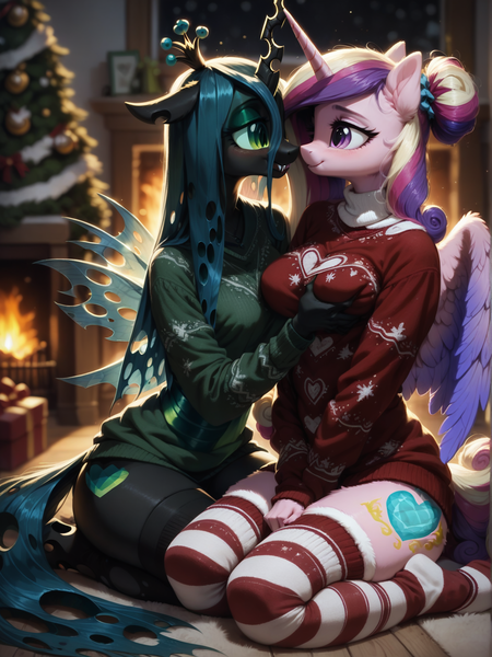 Size: 1320x1760 | Tagged: questionable, ai content, machine learning generated, ponerpics import, ponybooru import, prompter:wolferin, princess cadance, queen chrysalis, alicorn, anthro, changeling, changeling queen, cadalis, christmas, christmas decoration, christmas sweater, christmas tree, clothes, decoration, duo, female, grope, heavy petting, holiday, image, infidelity, lesbian, png, shipping, sweater, tree