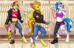 Size: 1586x1035 | Tagged: safe, artist:hornbuckle, derpibooru import, spitfire, sunset shimmer, vinyl scratch, anthro, human, pegasus, unguligrade anthro, unicorn, g4, boutique, clothes, female, hand, horn, human to anthro, image, indoors, jpeg, magic, magic hands, smiling, transformation, transforming clothes, transgender transformation, trio