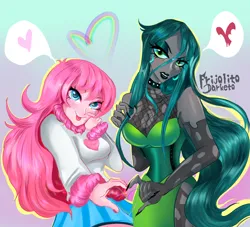 Size: 2534x2304 | Tagged: safe, artist:frijolito darketo, derpibooru import, queen chrysalis, oc, oc:fluffle puff, human, equestria girls, g4, duo, duo female, eyeshadow, female, heart, humanized, image, lesbian, makeup, png, rainbow