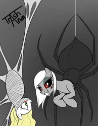 Size: 2054x2647 | Tagged: suggestive, artist:trash anon, ponerpics import, ponybooru import, oc, oc:epithumia, oc:fatal desire, unofficial characters only, drider, earth pony, monster pony, original species, pony, spiderpony, bedroom eyes, black sclera, blonde, blonde mane, blushing, bondage, earth pony oc, female, females only, gradient background, green eyes, image, imminent sex, mare, multiple eyes, png, red eyes, simple background, smiling, spider web, upside down, white mane