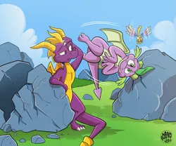 Size: 979x816 | Tagged: safe, artist:boscoloandrea, ponerpics import, ponybooru import, spike, dragon, dragonfly, insect, sheep, action lines, awkward moment, boulder, cloud, commission, context in description, crossover, embarrassed, hill, image, male, males only, older, older spike, png, ram, rock, sparx the dragonfly, spyro the dragon, stuck, traditional art, training, watermark