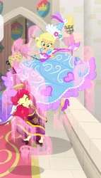 Size: 666x1162 | Tagged: safe, artist:sapphiregamgee, derpibooru import, apple bloom, applejack, human, equestria girls, g4, apple, apple sisters, bow, clothes, dress, duo, duo female, ear piercing, female, food, froufrou glittery lacy outfit, hat, hennin, image, jpeg, piercing, princess, princess apple bloom, princess applejack, siblings, sisters