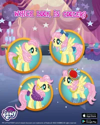 Size: 1080x1350 | Tagged: safe, derpibooru import, fluttershy, pegasus, pony, g4, alternate hairstyle, bow, clothes, ear piercing, earring, game screencap, gameloft, hat, image, jewelry, jpeg, piercing, screenshots, solo, tail, tail bow