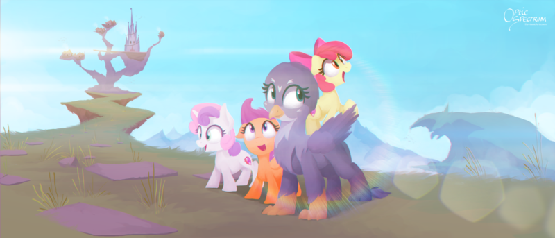 Size: 1280x549 | Tagged: safe, artist:opticspectrum, derpibooru import, apple bloom, gabby, scootaloo, sweetie belle, earth pony, gryphon, pegasus, pony, unicorn, g4, the fault in our cutie marks, chromatic aberration, cutie mark, cutie mark crusaders, day, female, filly, foal, griffonstone, horn, image, mare, missing accessory, my little pony, png, the cmc's cutie marks