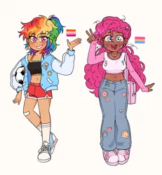 Size: 1674x1809 | Tagged: safe, artist:amyahue, derpibooru import, pinkie pie, rainbow dash, human, g4, blackwashing, humanized, image, jpeg, mouthpiece, pansexual pride flag, pride, pride flag, simple background, transbian pride flag, white background