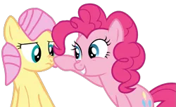 Size: 1861x1138 | Tagged: safe, artist:jadeharmony, derpibooru import, fluttershy, pinkie pie, earth pony, pegasus, pony, g4, alternate hairstyle, base used, boop, cute, diapinkes, duo, female, grin, image, lesbian, looking at each other, looking at someone, mare, png, ship:flutterpie, shipping, shyabetes, simple background, smiling, transparent background