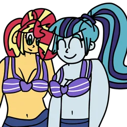 Size: 1100x1100 | Tagged: safe, artist:jadeharmony, derpibooru import, sonata dusk, sunset shimmer, human, equestria girls, g4, ^^, bikini, bra, clothes, cute, duo, eyes closed, eyeshadow, female, image, makeup, png, ponytail, simple background, smiling, sonatabetes, swimsuit, transparent background, underwear