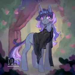 Size: 3440x3440 | Tagged: safe, artist:druf, artist:druf_draws, derpibooru import, oc, oc:flawless sparklemoon, unofficial characters only, unicorn, background, clothes, curtains, digital art, flower, full body, fusion, fusion:trixie, fusion:twilight sparkle, fusion:twixie, garden, horn, image, looking at you, png, signature, smiling, solo