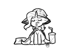 Size: 1294x881 | Tagged: safe, artist:zutcha, derpibooru import, trixie, pony, unicorn, g4, drink, eating, eyes closed, female, floppy ears, food, french fries, grayscale, horn, image, mare, monochrome, open mouth, png, simple background, sitting, sketch, smiling, solo, white background