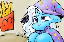 Size: 1314x865 | Tagged: safe, artist:zutcha, derpibooru import, trixie, pony, unicorn, g4, bust, cape, clothes, cute, diatrixes, female, floppy ears, food, french fries, frown, hat, horn, image, mare, mcdonald's, png, solo, trixie's cape, trixie's hat