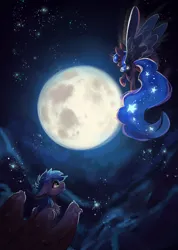 Size: 2386x3349 | Tagged: safe, artist:polnocnykot, derpibooru import, princess luna, oc, alicorn, pegasus, pony, g4, duo, female, flying, full moon, image, jpeg, mare, moon, night