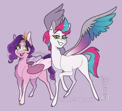 Size: 907x827 | Tagged: safe, artist:wintery, derpibooru import, pipp petals, zipp storm, pegasus, pony, g5, colored wings, duo, duo female, female, grin, height difference, image, jpeg, lidded eyes, looking at you, mare, multicolored wings, open mouth, open smile, purple background, royal sisters (g5), siblings, simple background, sisters, smiling, smiling at you, spread wings, wings