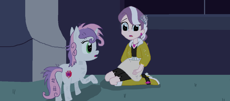 Size: 1600x706 | Tagged: safe, artist:thomaszoey3000, derpibooru import, diamond tiara, sweetie belle, human, pony, unicorn, fanfic:sweetie belle's big adventure, equestria girls, g4, boots, butt, canterlot high, clothes, cute, ear piercing, earring, equestria girls-ified, female, filly, foal, high heel boots, horn, human ponidox, image, jacket, jewelry, messy mane, messy tail, necklace, piercing, png, self ponidox, shirt, shoes, skirt, surprised, tail, tiara, vest