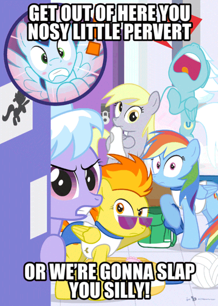 Size: 683x960 | Tagged: safe, artist:dm29, edit, editor:undeadponysoldier, ponerpics import, ponybooru import, cloudchaser, derpy hooves, fleetfoot, rainbow dash, soarin', spitfire, pegasus, pony, angry, blushing, caption, female, gif, home alone, home alone 2: lost in new york, image, image macro, male, mare, meme, movie reference, oh boy, peeping tom, pervert, reference, screaming, show accurate, shower, stallion, text, we don't normally wear clothes, wonderbolts